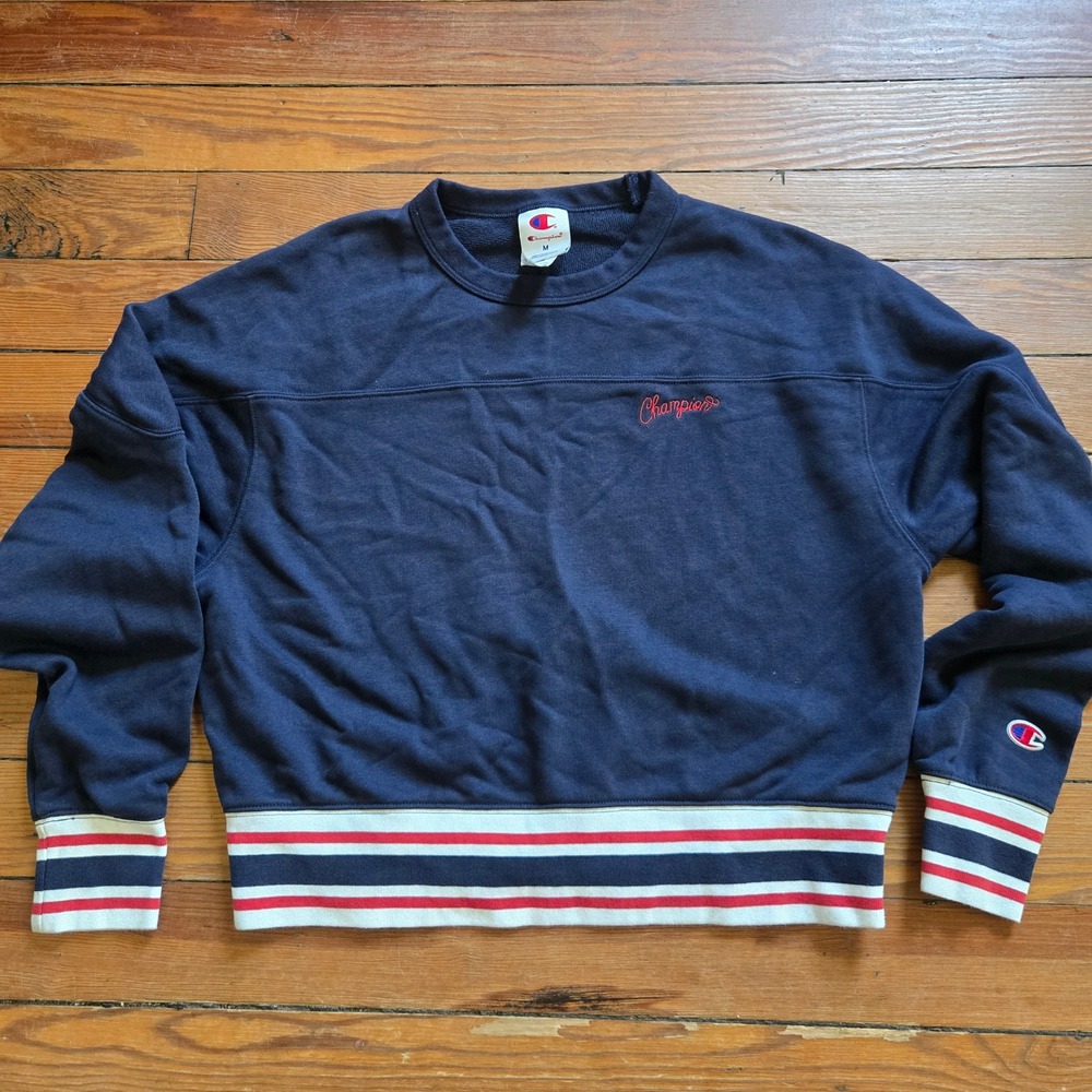 Champion Womens Navy Blue Striped Trim Script Logo Sweatshirt Medium